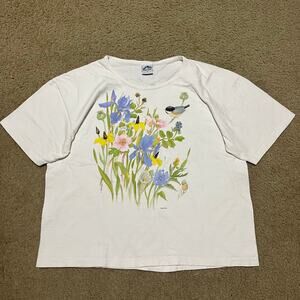 Vintage 90s Floral Flower Bird Nature Tee XL